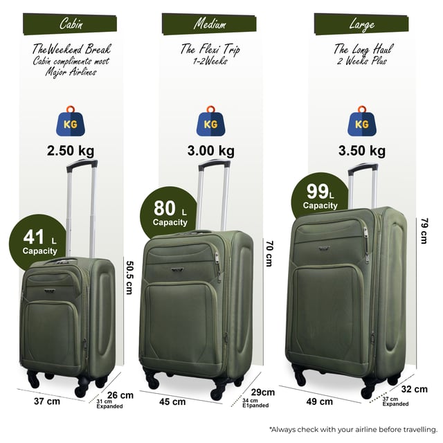 Werten Sie Ihre Reiseausrüstung mit diesem stylischen und praktischen erweiterbaren Hartschalengepäckset auf. Es ist auf Langlebigkeit, zusätzlichen Platz und reibungslose Mobilität ausgelegt und damit der perfekte Begleiter für jede Reise. Funktionen: • Erstklassiger Weichschalenschutz – Aus hochwertigem Nylon, einem stoßfesten Material, das Ihre Sachen vor Stößen und Stürzen schützt. • Integriertes Zahlenschloss – Jeder Koffer verfügt über ein integriertes Schloss, um Ihre Sachen zu schützen und gleichzeitig die Reisesicherheitsstandards zu erfüllen. • Erweiterbares Design – Brauchen Sie zusätzlichen Platz? Der Erweiterungsreißverschluss bietet bis zu 20 % mehr Platz, perfekt für Souvenirs oder unerwartete Extras. • 4-Rad-Spinnersystem – Gleiten Sie dank der um 360° drehbaren Räder, die eine reibungslose, stabile Bewegung ermöglichen, mühelos durch Flughäfen. • Leichtbauweise – Robust und dennoch leicht konzipiert, sodass Heben und Tragen mühelos gelingt, ohne dass die Haltbarkeit darunter leidet. Größe und Spezifikationen: • Handgepäck: 50,5 x 37 x 26 cm (erweiterbar auf 31 cm) | 2,5 kg | 41 l • Mittel: 70 x 45 x 29 cm (erweiterbar auf 34 cm) | 3,0 kg | 80 l • Groß: 79 x 49 x 32 cm (erweiterbar auf 37 cm) | 3,5 kg | 99 l Stilvoll, sicher und für jedes Abenteuer geeignet – reisen Sie leichter und intelligenter mit dieser All-in-One-Gepäcklösung.