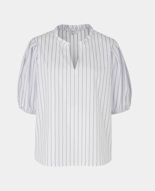 An essential for the warm-weather months, this women's short sleeve shirt is a versatile option that can be worn to work or at the weekend. It's made from a cotton-blend fabric that gives it a soft handle and flattering drape. The subtle frill at the neck and pleated detailing gives it an extra feminine touch. 92% cotton 8% polyester in dobby stripe. Short A line shape. Neat frill at neck with a key hole opening. Short sleeves pleated at head of sleeve with elasticated opening. Slightly scooped hem. Presented in fully recyclable packaging. Machine washable at 30°C