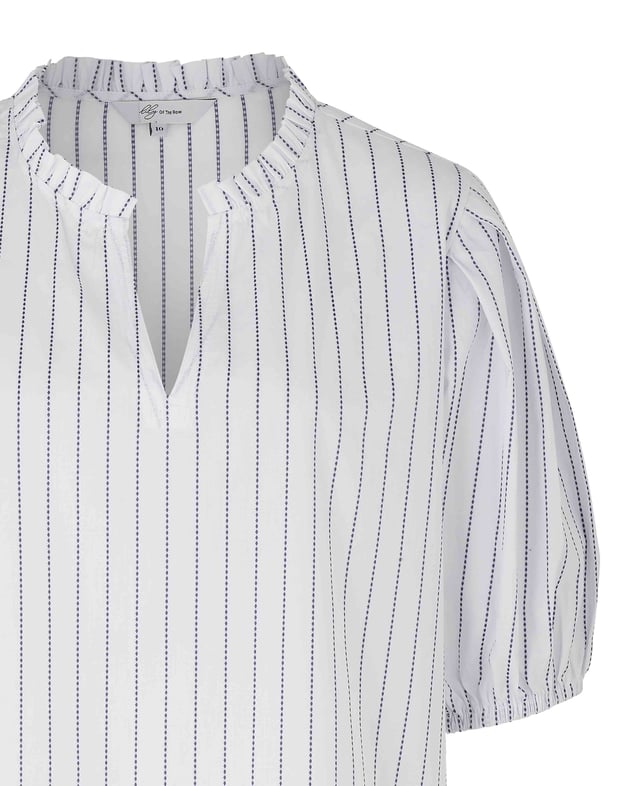 An essential for the warm-weather months, this women's short sleeve shirt is a versatile option that can be worn to work or at the weekend. It's made from a cotton-blend fabric that gives it a soft handle and flattering drape. The subtle frill at the neck and pleated detailing gives it an extra feminine touch. 92% cotton 8% polyester in dobby stripe. Short A line shape. Neat frill at neck with a key hole opening. Short sleeves pleated at head of sleeve with elasticated opening. Slightly scooped hem. Presented in fully recyclable packaging. Machine washable at 30°C
