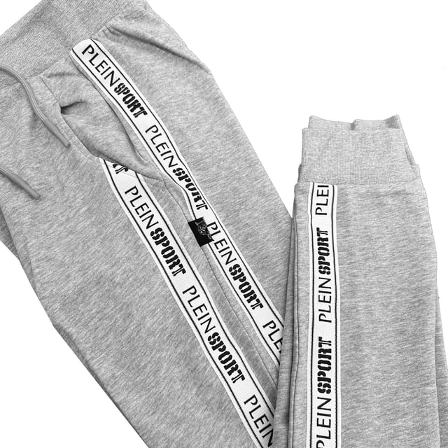 Plein Sport Grey Sweatpants, 86% Cotton, 14% Polyester, Elasticated Waist and Leg Endings, Small Plein Branding On Sides, Drawstring Ties, Grey Bottoms, Gym Wear