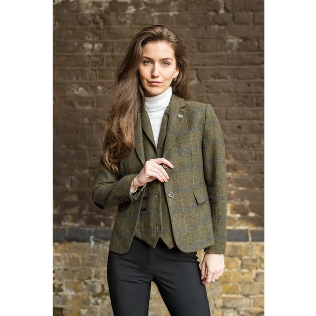 Women's Olive Piece Set Tweed Blazer Waistcoat in Herringbone Check