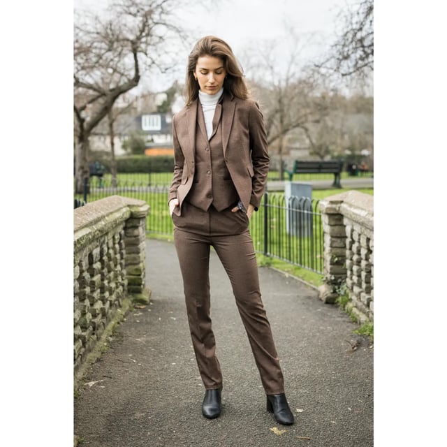 This elegant three-piece women’s suit showcases a classic Prince of Wales check pattern in brown, delivering a refined and professional aesthetic ideal for business and formal settings. Designed with a modern tailored fit, it flatters the silhouette and exudes confidence. Crafted from high-quality, breathable fabric, it ensures lasting comfort and a polished look throughout the day. The set includes a blazer, waistcoat, and trousers, offering versatile styling options for both formal and semi-formal occasions.
Elegant Prince of Wales check pattern in brown
Tailored fit for a sharp, confident silhouette
Made from breathable, high-quality fabric
Includes blazer, waistcoat, and trousers
Ideal for business, formal, and semi-formal events