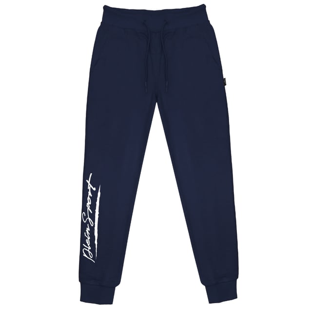 Plein Sport Navy Blue Sweatpants, 86% Cotton, 14% Polyester, Elasticated Waist and Leg Endings, Large Plein Branding On Sides, Drawstring Ties, Navy Blue Bottoms, Gym Wear