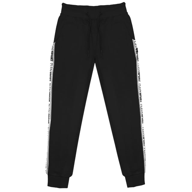 Schwarze Jogginghose von Plein Sport, 86 % Baumwolle, 14 % Polyester, elastische Taille und Beinabschlüsse, kleines Plein-Logo an den Seiten, Kordelzugbänder, schwarze Unterteile, Sportbekleidung