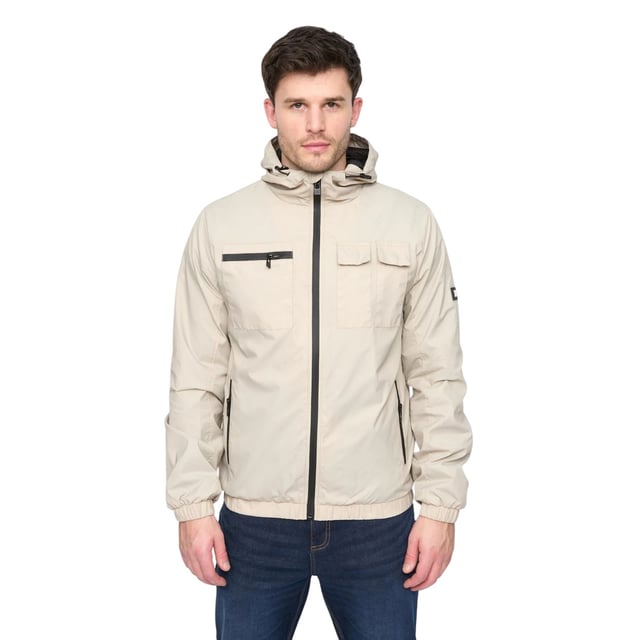100% Nylon. Design: Plain. Fabric Technology: Durable, Lightweight. Cuff: Elasticated. Neckline: Hooded. Sleeve-Type: Long-Sleeved. Rubber Zip Pull. Hood Features: Adjustable, Bungee Cord. Pockets: 2 Chest Pockets, Zip, Flap Closure, 2 Side Pockets. Fastening: Full Zip. Hem: Elasticated. M: 40 in. L: 42 in. XL: 44 in.
