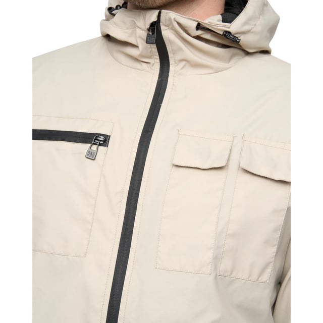 100% Nylon. Design: Plain. Fabric Technology: Durable, Lightweight. Cuff: Elasticated. Neckline: Hooded. Sleeve-Type: Long-Sleeved. Rubber Zip Pull. Hood Features: Adjustable, Bungee Cord. Pockets: 2 Chest Pockets, Zip, Flap Closure, 2 Side Pockets. Fastening: Full Zip. Hem: Elasticated. M: 40 in. L: 42 in. XL: 44 in.