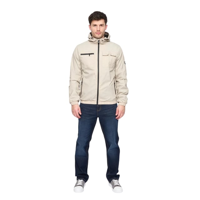 100% Nylon. Design: Plain. Fabric Technology: Durable, Lightweight. Cuff: Elasticated. Neckline: Hooded. Sleeve-Type: Long-Sleeved. Rubber Zip Pull. Hood Features: Adjustable, Bungee Cord. Pockets: 2 Chest Pockets, Zip, Flap Closure, 2 Side Pockets. Fastening: Full Zip. Hem: Elasticated. M: 40 in. L: 42 in. XL: 44 in.