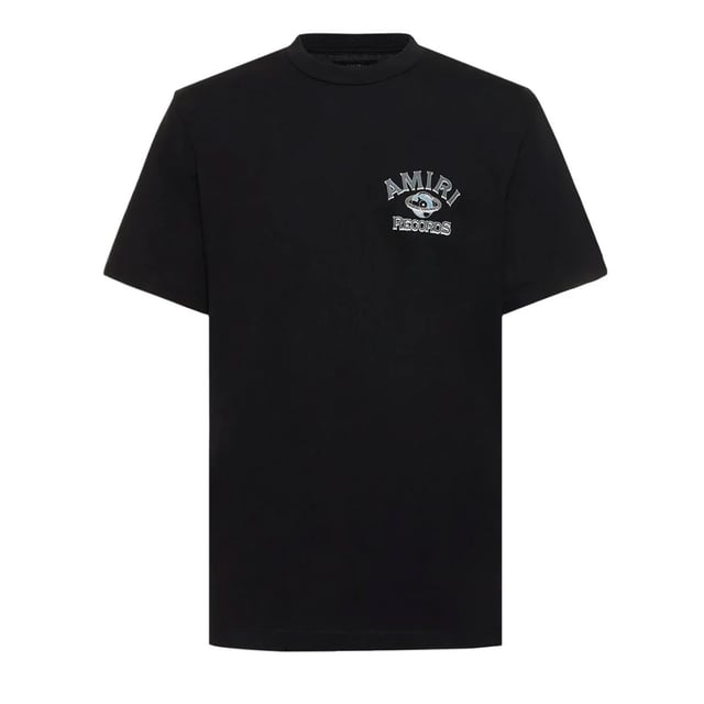 Amiri Short Sleeved Black T-Shirt, Logo Design On Front Of Tee, Regular Fit, 100% Cotton, Made in Italy, Amiri Visible Branding, Black Tee, Design On Back