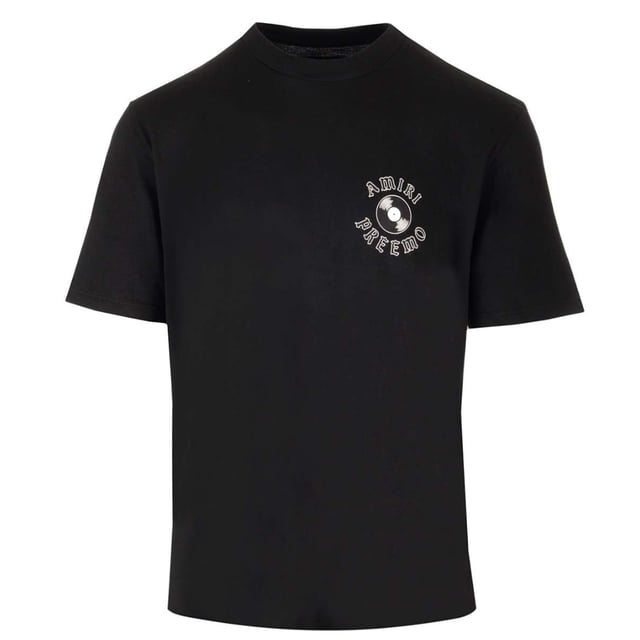 Amiri Short Sleeved Black T-Shirt, Logo Design On Front Of Tee, Regular Fit, 100% Cotton, Made in USA, Amiri Visible Branding, Black Tee, Design On Back