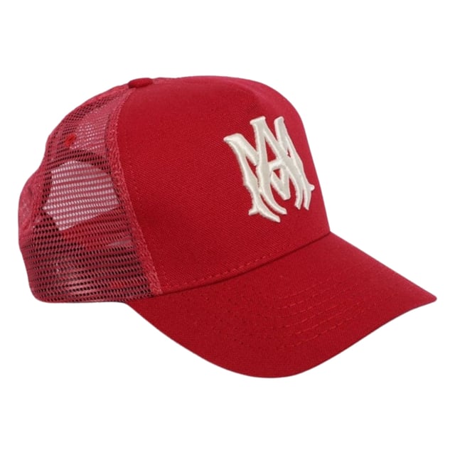 A touch of fun for your summer days, but nothing too out of the ordinary for a Amiri collectible. Headwear perfect for the summer, MA Logo Trucker Hat, Amiri Cap, Red Hat, Embroidered Logo, 100% Cotton, Made in Italy