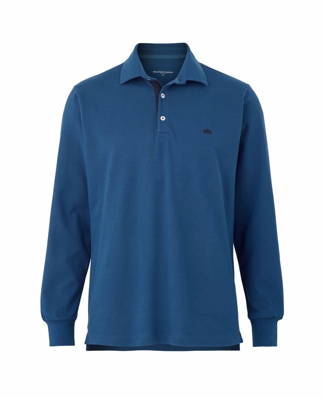 Our long-sleeved polos are a versatile addition to your smart-casual collection-proving a popular choice for weekends, working from home and dress-down Fridays. This version in denim blue has been made from a soft cotton-pique fabric in a classic fit for optimum comfort. There's contrast detailing on the inside neck placket, while our trademark crest embroidery and herringbone side slits finish things off. 180gram pique 100% cotton. Classic fit with long sleeve. Self fabric two piece collar. Contrast inside neck placket, cross stitching on button placket, crest embroidery and herringbone in side slit. 2 button placket. Contrast embroidered crest on chest. Machine wash at 30°C.