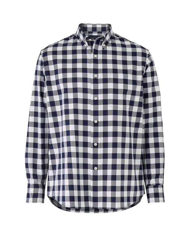 This men's casual shirt features a bold navy and white check design. It's made from 100% BCI cotton in a luxurious fine twill weave and features a classic button-down collar. The classic fit shape offers plenty of room for movement.