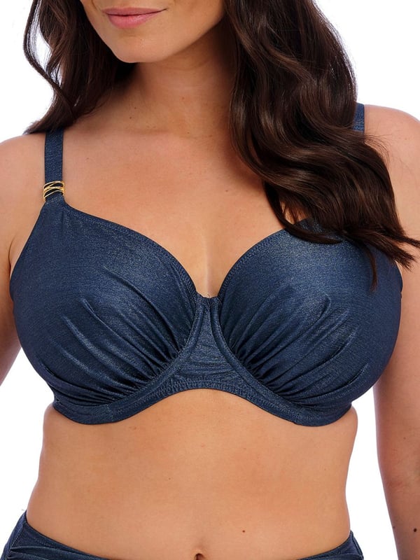 Fantasie Paros Coast Full Cup Bikini Top. Underwired swimwear top with gathered cups, concealed side sling, powernet lined wings for support and anchorage and full coverage cups. Product is hand wash only.