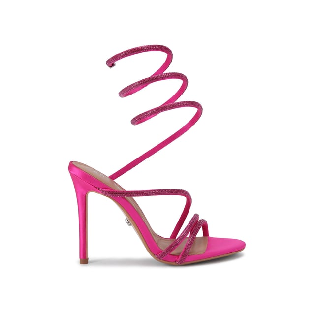 This Carvela Spiral heel features a flattering fuchsia crystal embellished strap which wraps around the ankle. The crystal straps continue across the foot and toe to elongate. Heel height: 105mm. This product features All Day Long Technology.