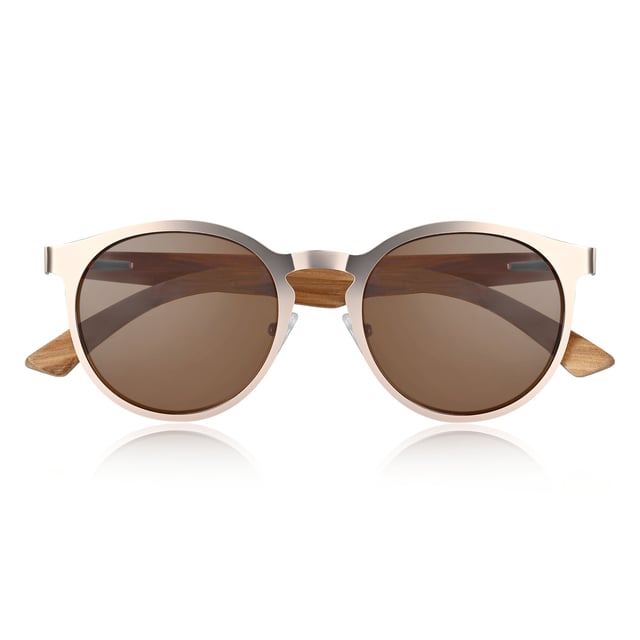 Earth Wood Reine Polarized Sunglasses - Walnut/Brown Frame: Rose Gold Metal ; Arm: Walnut Wood; Earpiece: Walnut Wood; Lens: Brown Multi-Layer Triacetate Cellulose (TAC); Mirrored Lens: No; Gradient Lens: No; Polarization: Optical Quality; UV Protection: 100% UVA/UVB; Hinge: Spring Loaded Stainless Steel; Adjustable Nosepads: Yes; Lens Width: 60mm; Temple Length: 148mm; Bridge Width: 20mm.