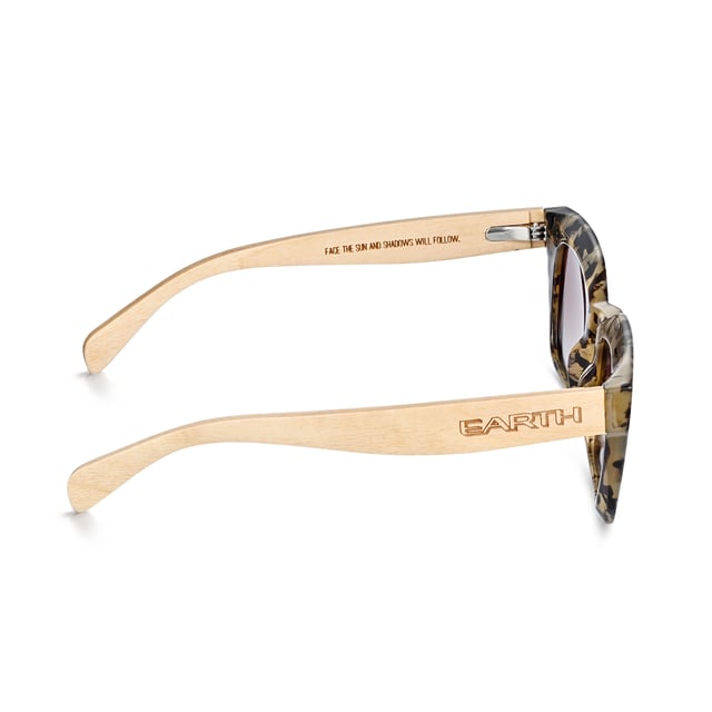 Frame: Tortoise Polycarbonate ;  Arm: Maple Wood; Earpiece: Maple Wood; Lens: Brown Multi-Layer Triacetate Cellulose (TAC); Mirrored Lens: No; Gradient Lens: YES; Polarization: Optical Quality; UV Protection: 100% UVA/UVB; Hinge: Spring Loaded Stainless Steel; Adjustable Nosepads: Yes; Lens Width: 50mm; Temple Length: 145mm; Bridge Width: 24mm.
