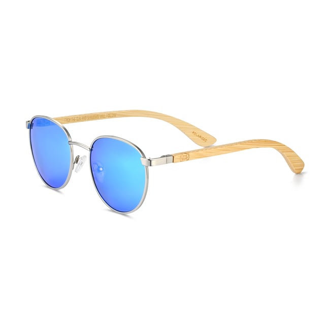 Frame: Silver Metal ;  Arm: Bambo Wood; Earpiece: Bamboo Wood; Lens: Blue Multi-Layer Triacetate Cellulose (TAC); Mirrored Lens: No; Gradient Lens: No; Polarization: Optical Quality; UV Protection: 100% UVA/UVB; Hinge: Spring Loaded Stainless Steel; Adjustable Nosepads: Yes; Lens Width: 52mm; Temple Length: 155mm; Bridge Width: 20mm.