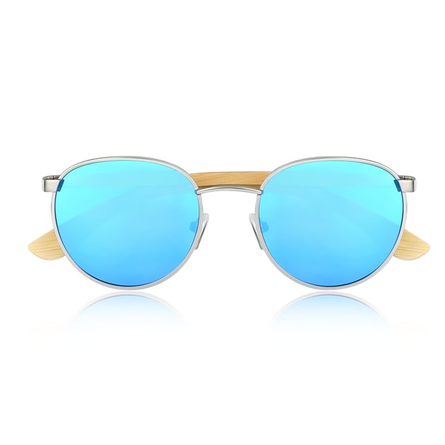 Frame: Silver Metal ;  Arm: Bambo Wood; Earpiece: Bamboo Wood; Lens: Blue Multi-Layer Triacetate Cellulose (TAC); Mirrored Lens: No; Gradient Lens: No; Polarization: Optical Quality; UV Protection: 100% UVA/UVB; Hinge: Spring Loaded Stainless Steel; Adjustable Nosepads: Yes; Lens Width: 52mm; Temple Length: 155mm; Bridge Width: 20mm.