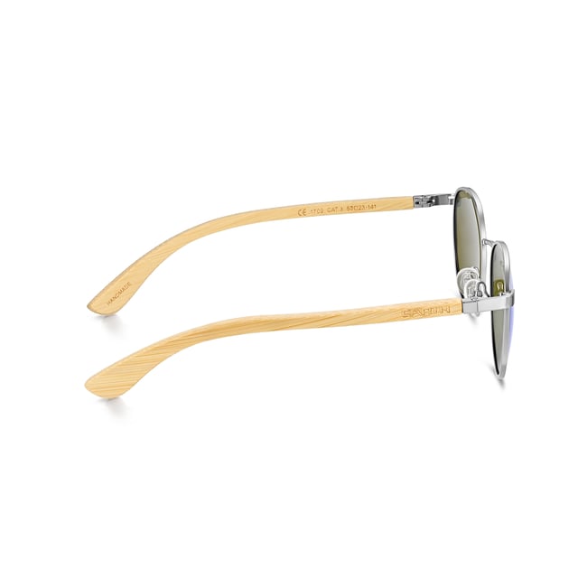 Frame: Silver Metal ;  Arm: Bambo Wood; Earpiece: Bamboo Wood; Lens: Blue Multi-Layer Triacetate Cellulose (TAC); Mirrored Lens: No; Gradient Lens: No; Polarization: Optical Quality; UV Protection: 100% UVA/UVB; Hinge: Spring Loaded Stainless Steel; Adjustable Nosepads: Yes; Lens Width: 52mm; Temple Length: 155mm; Bridge Width: 20mm.