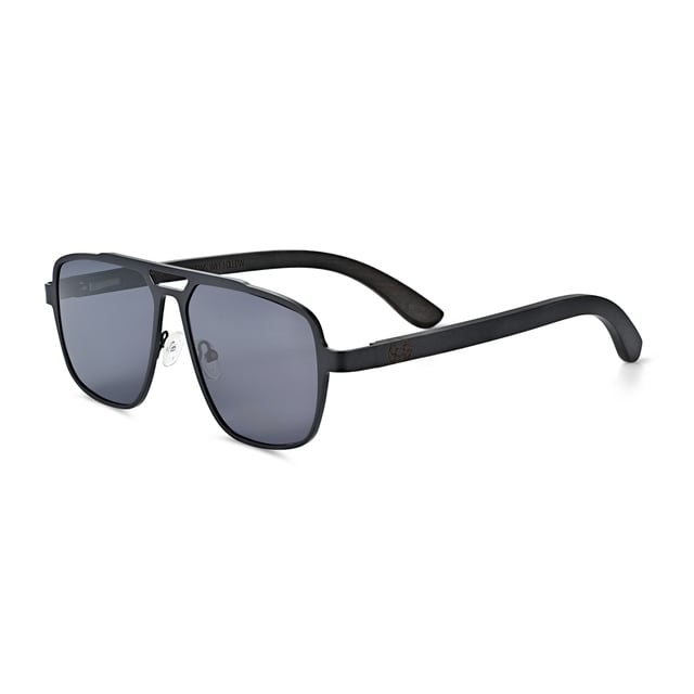 Earth Wood Avila Polarized Sunglasses - Black/Black Frame: Black Metal ; Arm: Black Wood; Earpiece: Black Wood; Lens: Black Multi-Layer Triacetate Cellulose (TAC); Mirrored Lens: No; Gradient Lens: No; Polarization: Optical Quality; UV Protection: 100% UVA/UVB; Hinge: Spring Loaded Stainless Steel; Adjustable Nosepads: Yes; Lens Width: 55mm; Temple Length: 157mm; Bridge Width: 20mm.