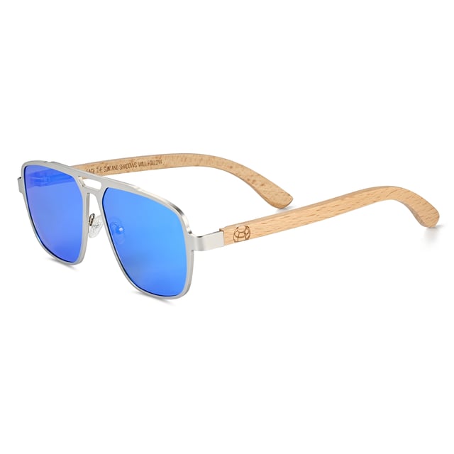 Frame: Silver Metal ;  Arm: Bambo Wood; Earpiece: Bamboo Wood; Lens: Blue Multi-Layer Triacetate Cellulose (TAC); Mirrored Lens: No; Gradient Lens: No; Polarization: Optical Quality; UV Protection: 100% UVA/UVB; Hinge: Spring Loaded Stainless Steel; Adjustable Nosepads: Yes; Lens Width: 55mm; Temple Length: 155mm; Bridge Width: 20mm.
