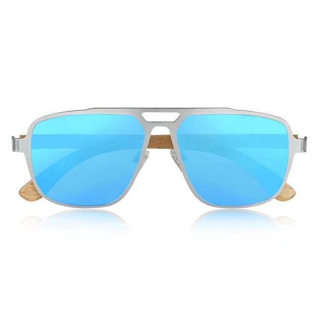 Frame: Silver Metal ;  Arm: Bambo Wood; Earpiece: Bamboo Wood; Lens: Blue Multi-Layer Triacetate Cellulose (TAC); Mirrored Lens: No; Gradient Lens: No; Polarization: Optical Quality; UV Protection: 100% UVA/UVB; Hinge: Spring Loaded Stainless Steel; Adjustable Nosepads: Yes; Lens Width: 55mm; Temple Length: 155mm; Bridge Width: 20mm.