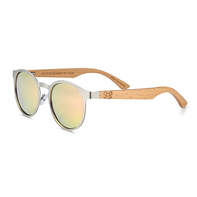 Earth Wood Reine Polarized Sunglasses - Bamboo/Green Frame: Silver Metal ; Arm:Bamboo Wood; Earpiece: Bamboo Wood; Lens: Pink/Green Multi-Layer Triacetate Cellulose (TAC); Mirrored Lens: No; Gradient Lens: No; Polarization: Optical Quality; UV Protection: 100% UVA/UVB; Hinge: Spring Loaded Stainless Steel; Adjustable Nosepads: Yes; Lens Width: 60mm; Temple Length: 148mm; Bridge Width: 20mm.