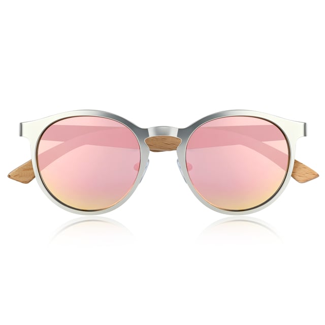 Earth Wood Reine Polarized Sunglasses - Bamboo/Green Frame: Silver Metal ; Arm:Bamboo Wood; Earpiece: Bamboo Wood; Lens: Pink/Green Multi-Layer Triacetate Cellulose (TAC); Mirrored Lens: No; Gradient Lens: No; Polarization: Optical Quality; UV Protection: 100% UVA/UVB; Hinge: Spring Loaded Stainless Steel; Adjustable Nosepads: Yes; Lens Width: 60mm; Temple Length: 148mm; Bridge Width: 20mm.