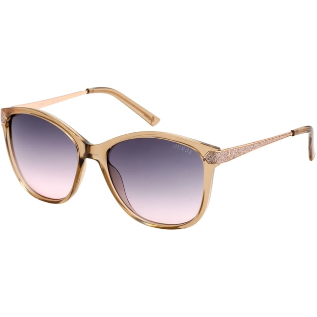 Experience the stunning combination of shiny beige and gradient bordeaux with these Guess Sunglasses. The sleek frames and perfect 57X17X140 size will bring a sense of style and sophistication to any look. Whether you're lounging by the pool or strutting through the city, these sunglasses will make a statement and elevate your fashion game. Don't miss out on this must-have accessory!
