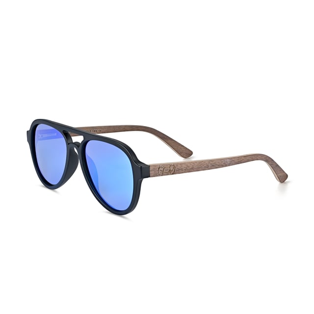 Frame: Black Polycarbonate ;  Arm: Black Walnut Wood; Earpiece: Black Walnut Wood; Lens: Ice Blue Multi-Layer Triacetate Cellulose (TAC); Mirrored Lens: No; Gradient Lens: No; Polarization: Optical Quality; UV Protection: 100% UVA/UVB; Hinge: Spring Loaded Stainless Steel; Adjustable Nosepads: Yes; Lens Width: 52mm; Temple Length: 144mm; Bridge Width: 19mm.