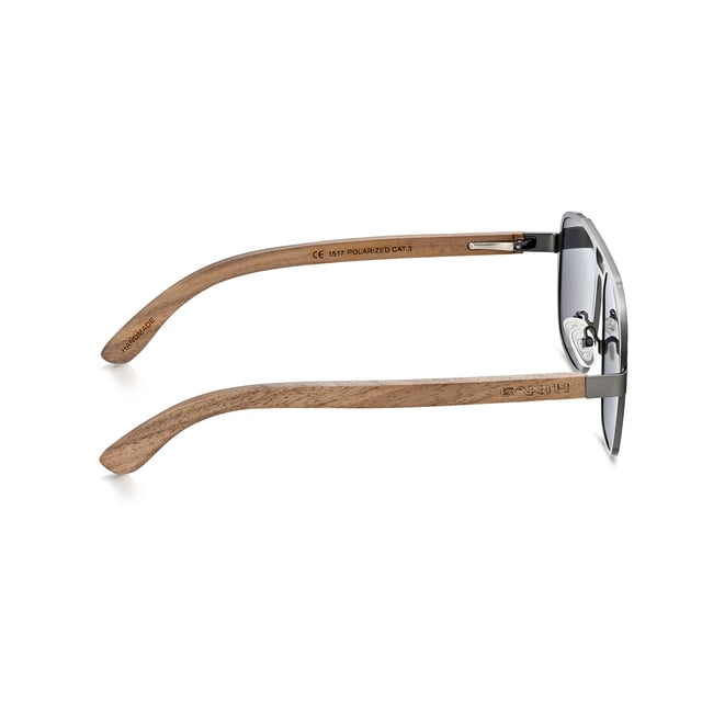 Frame: Gun Metal ;  Arm: Dark Brown Wood; Earpiece: Dark Brown Wood; Lens: Black Multi-Layer Triacetate Cellulose (TAC); Mirrored Lens: No; Gradient Lens: No; Polarization: Optical Quality; UV Protection: 100% UVA/UVB; Hinge: Spring Loaded Stainless Steel; Adjustable Nosepads: Yes; Lens Width: 55mm; Temple Length: 157mm; Bridge Width: 20mm.
