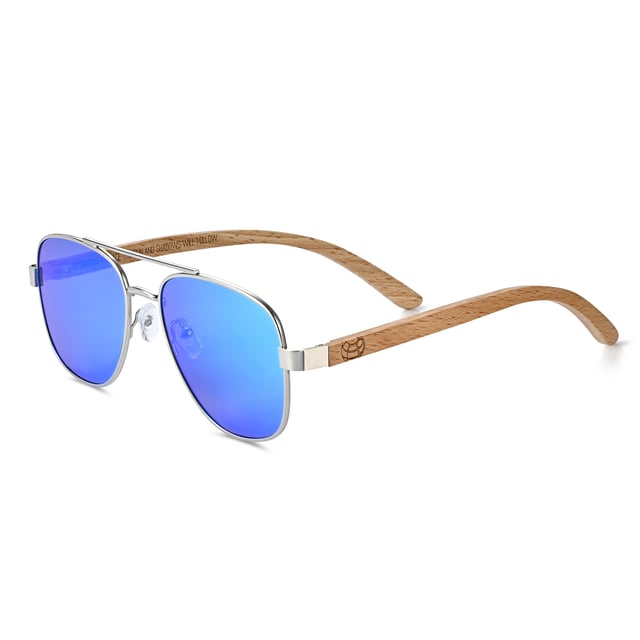 Frame: Silver Metal ;  Arm: Bambo Wood; Earpiece: Bamboo Wood; Lens: Blue Multi-Layer Triacetate Cellulose (TAC); Mirrored Lens: No; Gradient Lens: No; Polarization: Optical Quality; UV Protection: 100% UVA/UVB; Hinge: Spring Loaded Stainless Steel; Adjustable Nosepads: Yes; Lens Width: 55mm; Temple Length: 152mm; Bridge Width: 20mm.