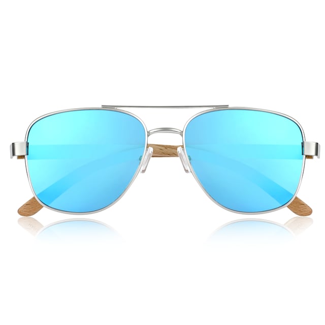 Frame: Silver Metal ;  Arm: Bambo Wood; Earpiece: Bamboo Wood; Lens: Blue Multi-Layer Triacetate Cellulose (TAC); Mirrored Lens: No; Gradient Lens: No; Polarization: Optical Quality; UV Protection: 100% UVA/UVB; Hinge: Spring Loaded Stainless Steel; Adjustable Nosepads: Yes; Lens Width: 55mm; Temple Length: 152mm; Bridge Width: 20mm.
