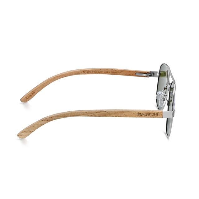 Frame: Silver Metal ;  Arm: Bambo Wood; Earpiece: Bamboo Wood; Lens: Blue Multi-Layer Triacetate Cellulose (TAC); Mirrored Lens: No; Gradient Lens: No; Polarization: Optical Quality; UV Protection: 100% UVA/UVB; Hinge: Spring Loaded Stainless Steel; Adjustable Nosepads: Yes; Lens Width: 55mm; Temple Length: 152mm; Bridge Width: 20mm.