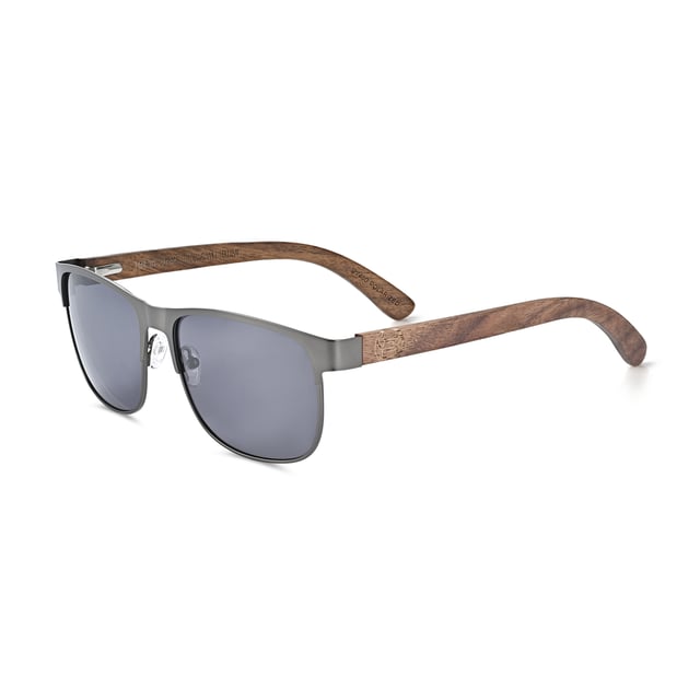Frame: Gun Metal ;  Arm: Dark Brown Wood; Earpiece: Dark Brown Wood; Lens: Black Multi-Layer Triacetate Cellulose (TAC); Mirrored Lens: No; Gradient Lens: No; Polarization: Optical Quality; UV Protection: 100% UVA/UVB; Hinge: Spring Loaded Stainless Steel; Adjustable Nosepads: Yes; Lens Width: 55mm; Temple Length: 150mm; Bridge Width: 18mm.