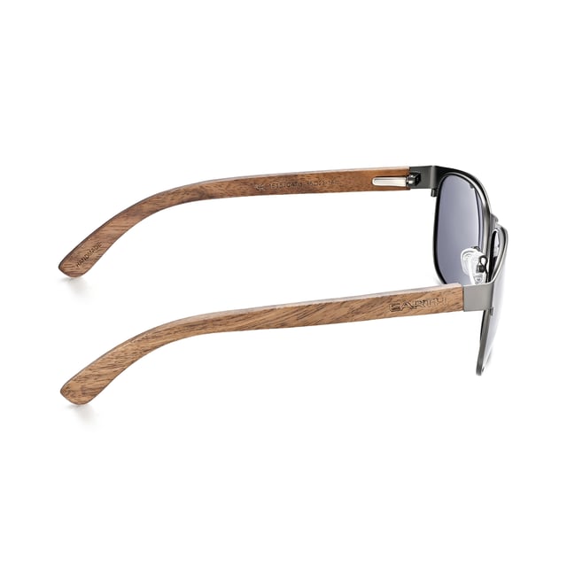 Frame: Gun Metal ;  Arm: Dark Brown Wood; Earpiece: Dark Brown Wood; Lens: Black Multi-Layer Triacetate Cellulose (TAC); Mirrored Lens: No; Gradient Lens: No; Polarization: Optical Quality; UV Protection: 100% UVA/UVB; Hinge: Spring Loaded Stainless Steel; Adjustable Nosepads: Yes; Lens Width: 55mm; Temple Length: 150mm; Bridge Width: 18mm.