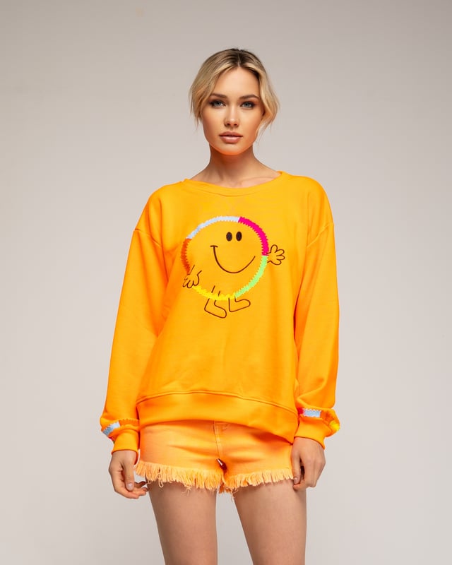 Fluor sweatshirt med "smile"-mönster och broderi på framsida och ärmslut