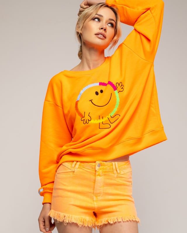 Fluor sweatshirt med "smile"-mönster och broderi på framsida och ärmslut