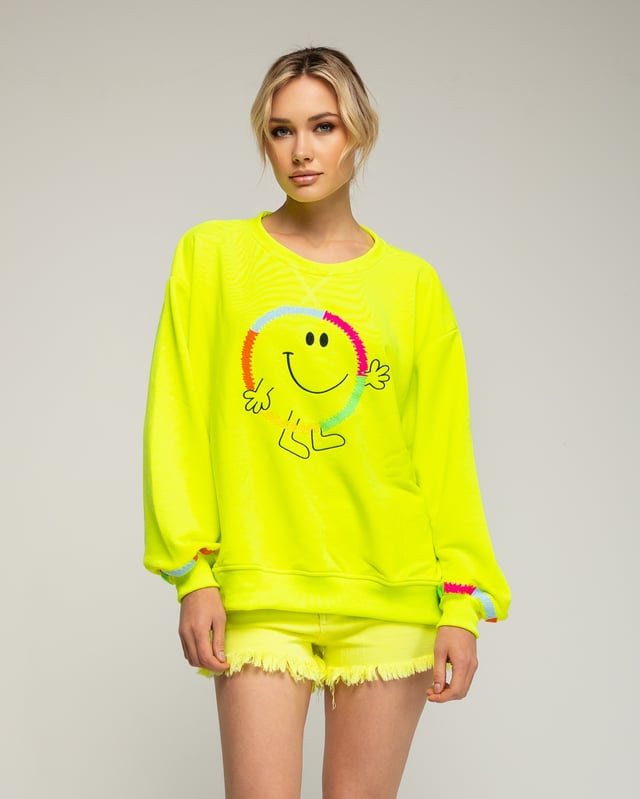 Fluor sweatshirt met "smile" patroon en borduursel op voorkant en manchetten