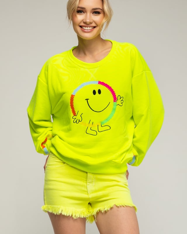 Fluor sweatshirt met "smile" patroon en borduursel op voorkant en manchetten