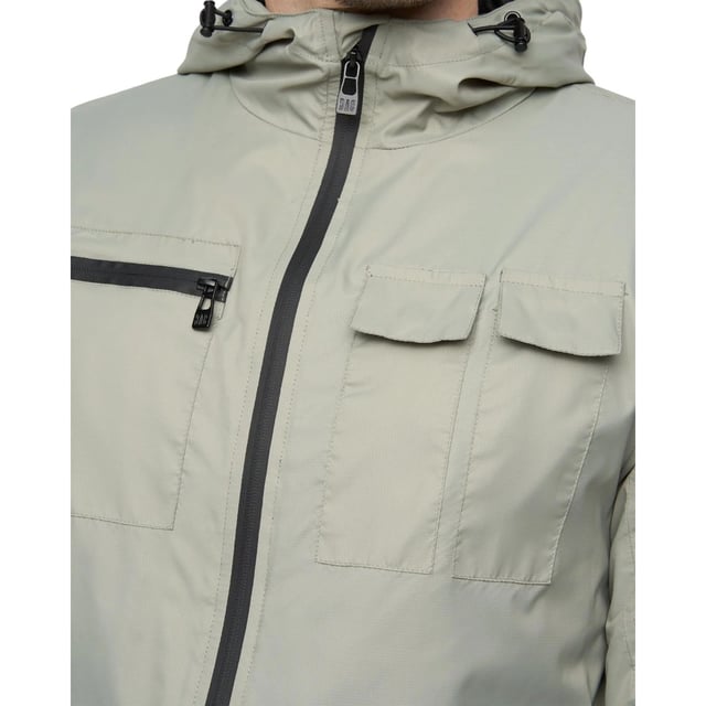 100% Nylon. Design: Plain. Fabric Technology: Durable, Lightweight. Cuff: Elasticated. Neckline: Hooded. Sleeve-Type: Long-Sleeved. Rubber Zip Pull. Hood Features: Adjustable, Bungee Cord. Pockets: 2 Chest Pockets, Zip, Flap Closure, 2 Side Pockets. Fastening: Full Zip. Hem: Elasticated. M: 40 in. L: 42 in. XL: 44 in.