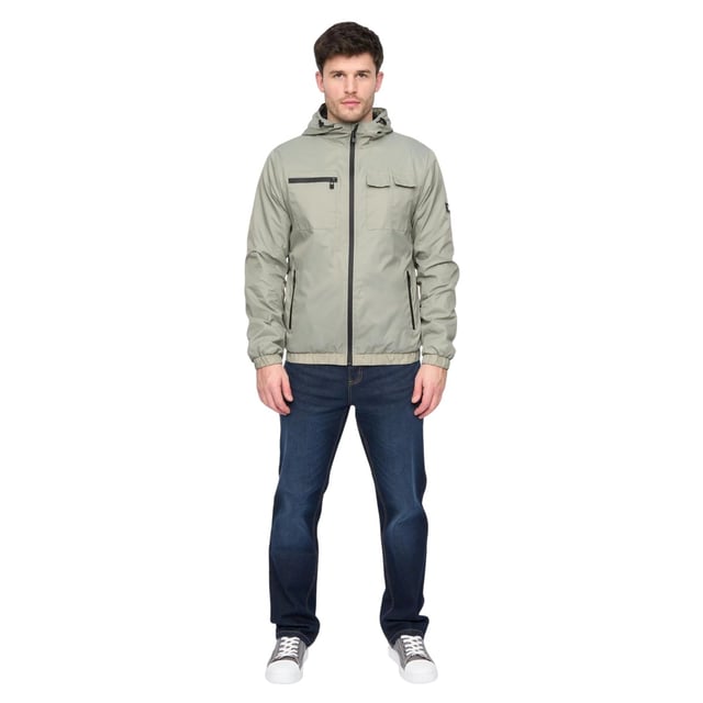 100% Nylon. Design: Plain. Fabric Technology: Durable, Lightweight. Cuff: Elasticated. Neckline: Hooded. Sleeve-Type: Long-Sleeved. Rubber Zip Pull. Hood Features: Adjustable, Bungee Cord. Pockets: 2 Chest Pockets, Zip, Flap Closure, 2 Side Pockets. Fastening: Full Zip. Hem: Elasticated. M: 40 in. L: 42 in. XL: 44 in.
