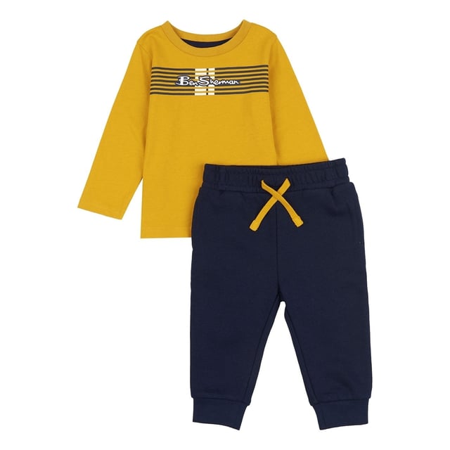 Top: 100% Cotton Bottom: 60% Cotton 40% Polyester. Ben Sherman Toddler Over The Head Hoodie featuring high build print across chest finished with contrast sleeve and hood lining with matching Jogger
