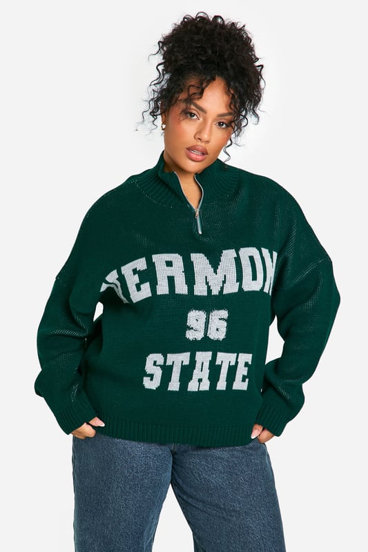 Oversized fit for ultimate comfort and style
        Bold 'VERMONT 96 STATE' graphic design
        Quarter-zip neckline for adjustable coverage
        Ribbed cuffs and hem for a snug fit
        Versatile piece suitable for various casual occasions
    
    Embrace the collegiate charm with this eye-catching Petite Strick-Pullover from Boohoo. Perfect for the fashion-forward woman who values both style and comfort, this jumper offers a relaxed silhouette that's ideal for casual outings. Style it with wide-leg jeans and trainers for a laid-back weekend look, or pair it with leggings and ankle boots for a cosy coffee date ensemble. The quarter-zip detail adds a functional touch, allowing you to customise your neckline as desired. Whether you're heading to a casual family gathering or meeting friends for a leisurely brunch, this pullover will keep you looking effortlessly chic while feeling supremely comfortable. Its versatility makes it a wardrobe staple that you'll reach for time and time again, embodying the Boohoo spirit of accessible, trendy fashion for the young, social butterfly.