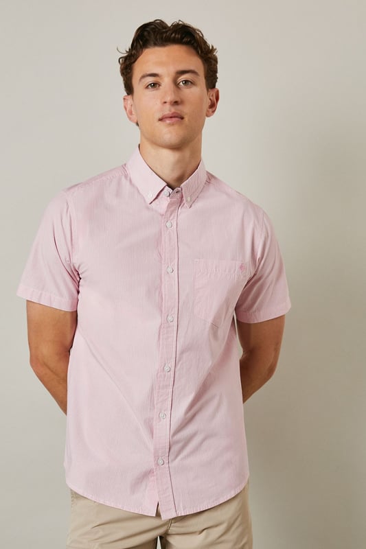 Fine stripe pattern adds subtle visual interest to this classic short sleeve shirt
        Button-down collar provides a neat, structured finish
        Convenient chest pocket detail for added functionality
        Crafted from pure cotton for breathable comfort in warmer weather
        Regular fit design offers ease of movement for everyday wear
    
    This Maine short sleeve shirt combines timeless style with warm-weather practicality. The fine stripe pattern creates a refined yet relaxed aesthetic that transitions effortlessly from day to evening occasions. Style it as seen with neutral chino shorts and white trainers for a polished casual look perfect for weekend brunches or garden gatherings. For smarter occasions, pair with tailored trousers and loafers. The pure cotton fabric ensures all-day comfort even during the warmest days, while the versatile design makes it an essential addition to your summer wardrobe. The button-down collar maintains a neat appearance throughout wear, making this shirt equally suitable for casual office environments or laid-back social events. A true wardrobe staple that offers endless styling possibilities throughout the season.