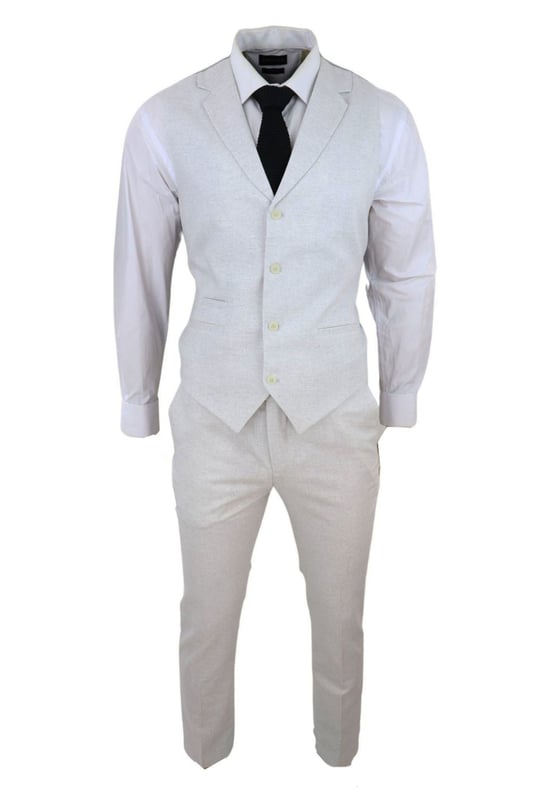 Embrace effortless summer sophistication with this grey 2-piece linen suit, designed with comfort and style in mind. Featuring a coordinating waistcoat and trousers, this ensemble is ideal for warm-weather occasions. The lightweight and breathable linen blend keeps you cool and comfortable, even on the hottest days. With its relaxed yet refined appearance, this suit strikes the perfect balance between smart and casual—ideal for garden parties, destination weddings, or daytime events. Whether dressed up with a crisp shirt or styled casually with loafers, this suit adapts easily to your look and lifestyle.\n2-piece set includes waistcoat and trousers in a light grey tone\nLightweight and breathable fabric perfect for summer events\nRelaxed yet stylish look, ideal for casual weddings or garden parties\nVersatile styling—elevate with formalwear or dress down for smart-casual looks\nMaterial: 80% Cotton, 20% Acrylic