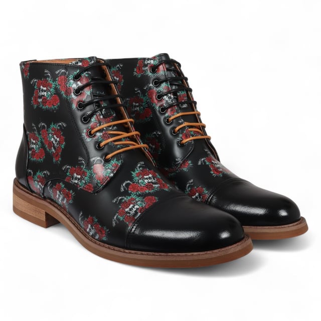 Elevate your style with the Justin Reess Adam Skull Men's Floral Skull Print Leather Oxford Ankle Boots. Crafted from premium leather, these boots showcase a distinctive Floral Skull Print design that adds a bold and fashionable edge. With classic Oxford brogue detailing and a secure lace-up closure, they bring sophistication to both casual and formal outfits. Designed for versatility, they’re perfect for work, social gatherings, and everyday wear. Durable and comfortable, these boots are a standout addition to any wardrobe.

Stylish Floral Skull Print for a unique and eye-catching look
Classic Oxford Brogue Style with lace-up closure
Premium Leather Construction for durability and comfort
Versatile Wear for multiple occasions