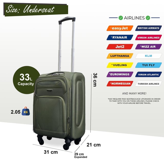 Mejora tu configuración de viaje con esta elegante y práctica maleta debajo del asiento. Diseñada para brindar durabilidad, espacio adicional y una movilidad suave, es la compañera perfecta para cualquier viaje. Características: • Protección premium de carcasa blanda: hecha de nailon premium, material resistente a los impactos para mantener tus pertenencias a salvo de golpes y caídas. • Cerradura de combinación integrada: cada maleta incluye una cerradura incorporada para mantener tus artículos seguros y, al mismo tiempo, cumplir con los estándares de seguridad de viaje. • Sistema giratorio de 4 ruedas: deslízate por los aeropuertos con facilidad gracias a las ruedas giratorias de 360° que ofrecen un movimiento suave y estable. • Construcción liviana: diseñada para ser fuerte pero liviana, lo que facilita levantar y transportar sin esfuerzo sin sacrificar la durabilidad. Tamaño y especificaciones: Debajo del asiento: 36 x 31 x 21 cm (se expande a 26 cm) | 2,05 kg | 33 L Elegante, segura y diseñada para manejar cada aventura: viaja más ligero e inteligente con esta solución de equipaje todo en uno.