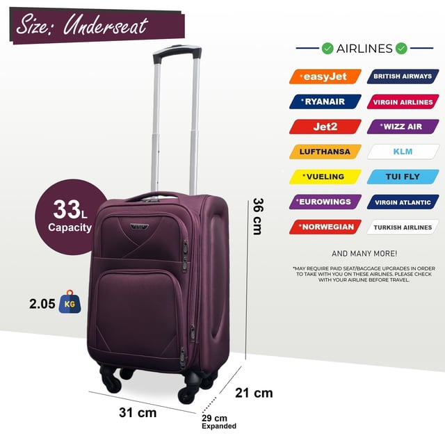Upgrade uw reisuitrusting met deze stijlvolle en praktische koffer voor onder de stoel. Gebouwd voor duurzaamheid, extra ruimte en soepele mobiliteit, is het de perfecte metgezel voor elke reis. Kenmerken: • Premium Soft Shell Protection - Gemaakt van Premium Nylon, slagvast materiaal om uw bezittingen te beschermen tegen stoten en vallen. • Geïntegreerd combinatieslot - Elke koffer heeft een ingebouwd slot om uw spullen veilig te houden en tegelijkertijd te voldoen aan de reisbeveiligingsnormen. • 4-Wiel Spinner Systeem - Glijd met gemak door luchthavens dankzij de 360° draaiende wielen die zorgen voor soepele, stabiele beweging. • Lichtgewicht constructie - Ontworpen om sterk maar licht te zijn, waardoor tillen en dragen moeiteloos is zonder in te leveren op duurzaamheid. Afmetingen en specificaties: Onder de stoel: 36 x 31 x 21 cm (uitbreidbaar tot 26 cm) | 2,05 kg | 33L Stijlvol, veilig en gebouwd om elk avontuur aan te kunnen - reis lichter en slimmer met deze alles-in-één bagageoplossing.