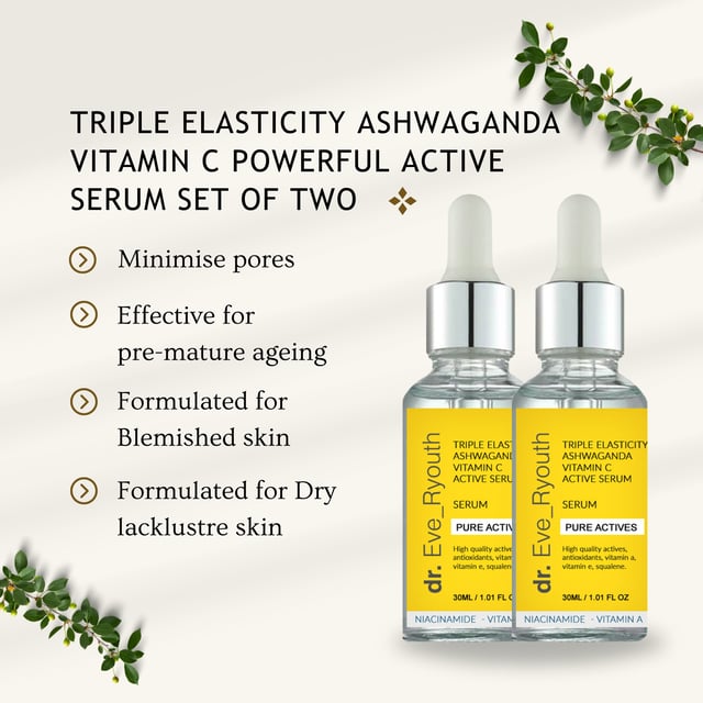 2 xTriple Elasticity Ashwaganda Vitamin C Powerful Active Serum 30ml "Anti-blemish Ashwagandha root extract helps to reduce breakouts0 and minimise pores. A powerful active alongside Vitamin C an essential antioxidant that protects against environmental stressors which often lead to dull skin and pre-mature ageing.
Formulated for:
Blemished skin
Dry lacklustre skin
To use the Triple Elasticity Ashwagandha Vitamin C Powerful Active Serum, apply a few drops to clean skin in the morning and evening. Gently massage the serum into your face and neck until fully absorbed. With two bottles, you can ensure comprehensive coverage and maximum benefits for your skin. For optimal results, follow up with your favourite moisturiser after the serum has absorbed to lock in hydration and support your skin's elasticity and brightness.